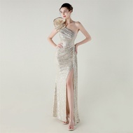 One-Shoulder Floral Sequin Bead Fishtail Slim Evening Dress for Award Ceremonies