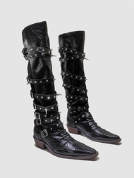 Gothic Knight รองเท้าสําหรับสตรี Rivets รถจักรยานยนต์สไตล์ Punk Sharp Point Western คาวบอยสูงหลอดเข็
