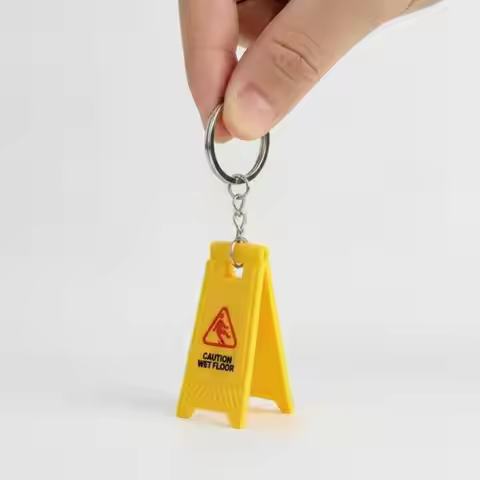 Creative "CAUTION WET FLOOR" Warning Sign Keychain Foldable Fashion Pendant for Backpack Purse Car K