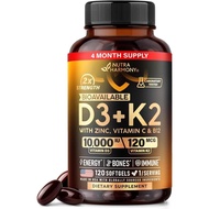 Vitamin D3 K2 - D3 10000iu & K2 120mcg - Highly Bioavailable - 120Softgels | Vitamin D3K2 + Zinc, Vi