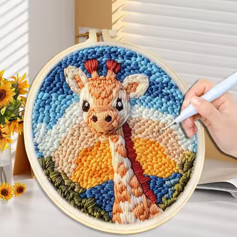 DIY Punch Needle Kits for Beginners Cute Animal with Hoop Embroidery Punch Needle Starter Craft Set 
