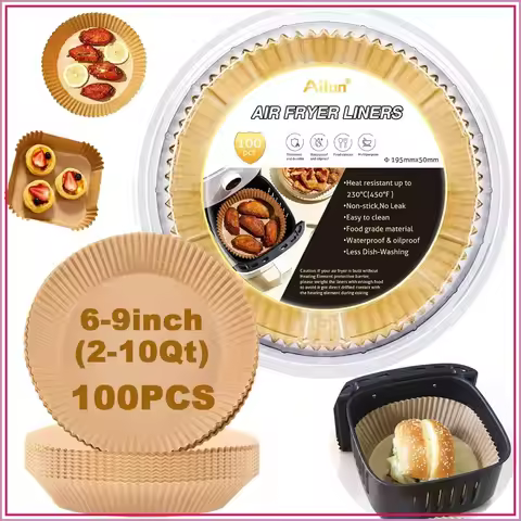 8 Inch Air Fryer Paper Liners 100 Pcs Non-Stick Parchment Disposable for 5-8 QT