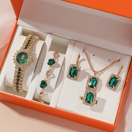 Kegllect 5PCS Women Waterproof Watch Green Steel Srtrap Watches Gemstone Jewelry Set Ladies Birthday Gift for Girls