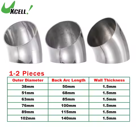 UXCELL 1/2 Pcs 38 51 63 76 89 102mm OD 45 Degree Exhaust Elbow Pipe Mandrel Bend Elbow SS304 Stainle