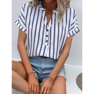 Ol Style Sale Shirt Striped Pass Loose Casual korea Short Ladies Row tw Short Sleeve Lapel New Style