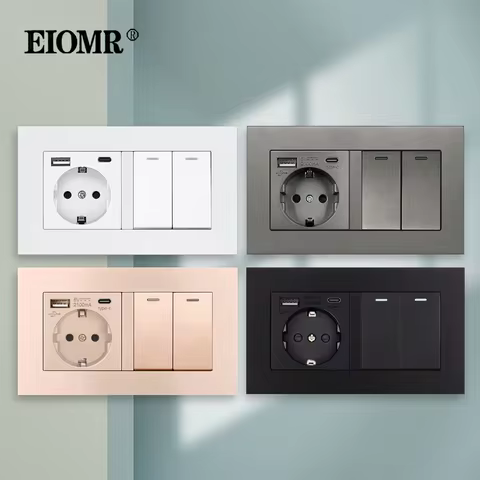 EIOMR 2 Gang Switch Socket Combination EU Standard Electrical Outlet 16A 5V 2.1A With Usb Type c Cha