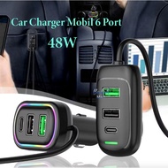 Car Charger 48W 1.5M Saver Mobil 6 port Super Charger PD Type-C And Usb 5V 3.1A Front Rear Seat Exte