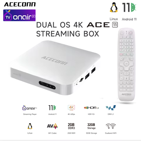 4K Dual OS(Andriod or Linux System) TV Box ACECONN ACE11 TVONAIR3+ platform 2GB 32GB BT Remote RCU A
