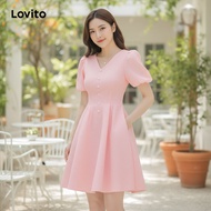 (trendy5)Lovito Elegant Dress Zipper Button Front Button Good Texture Spring/summer Pink Dress for W