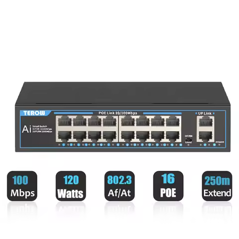 16 Ports POE Switch 100Mbps Ethernet Switch POE Network Switch RJ45 Hub IEEE802.3af/at IP Camera Vid