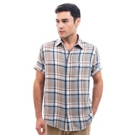 camel active Men Short Sleeve Shirt in Regular Fit with Shirt Collar in Tan Cotton Double Face Check 102-SS24H1817