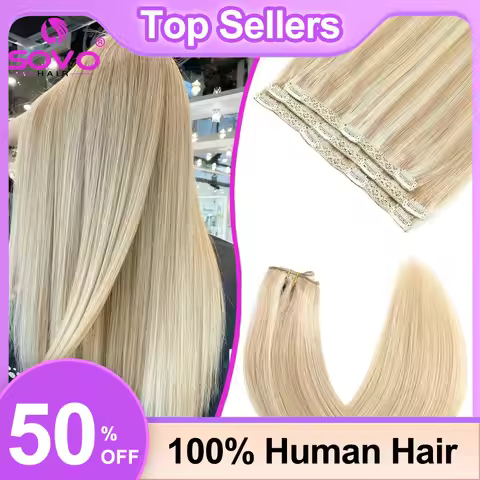 SOVO Clip In Hair Extensions Human Hair 3 Pieces Bone Straight Clip Ins Hair Extension 60-90G Real N