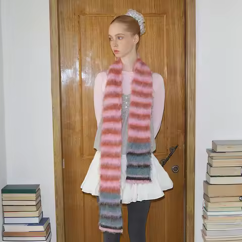 12*180cm Luxury Y2K Styles Winter Warm Knitted Small Wool Scarf Women Stripe Shawls Lady Soft Wraps 