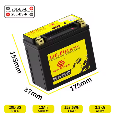 20L-BS LiFePO4 Motorcycle Battery 12V 12Ah 620A CCA with BMS YTX20L-BS Rechargeable Maintenance Free