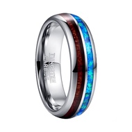 BONLAVIE 6mm Hawaiian Koa Wood and Blue Opal Inlay Tungsten Carbide Ring Domed Wedding Band Comfort 