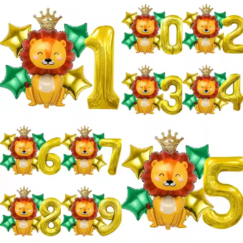 6pcs Lion King Number Balloon Set, Crown Lion Gold Green Star Foil Balloons for Lion King Theme Birt