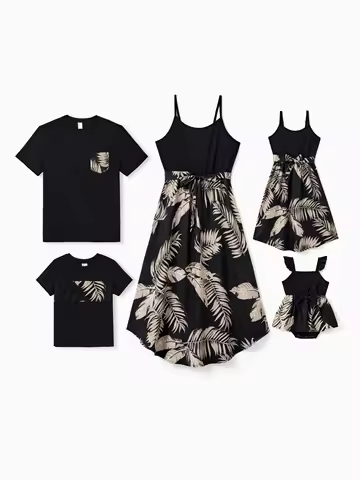 PatPat Family Matching Tropical Leaf Print Outfit Set: Dad Tee, Mom Dress, Kid Tee, Baby Romper