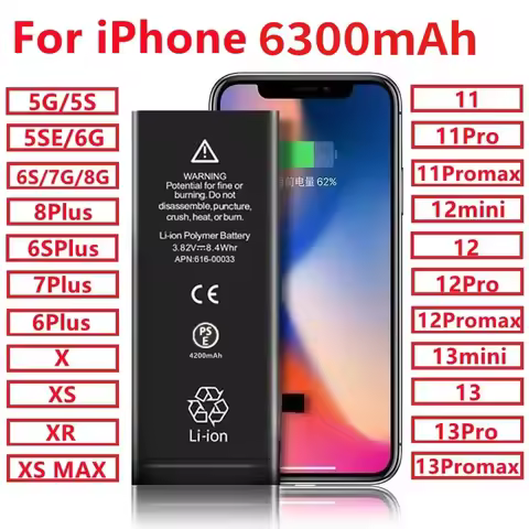 6300mAh 0 Cycle Replacement Bateria for IPhone 5S 6 6S 7 8 Plus X XR XS Max 11 12 13 Pro Max Mini Or