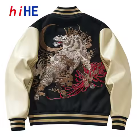 Baseball Jacket Men Woolen Kylin Embroidery Sukajan Coat Luxury PU Sleeve Heavy Thick Streetwear D02