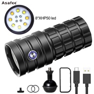 Asafee 8000LM DR12 Super bright diving flashlight underwater 100m Built-in Battery multi-beam light underwater photography light using switch button Type-C charging IPX8 waterproof
