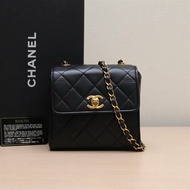 CHANEL 中古黑金羊盒子方胖子黑色3開肩背包