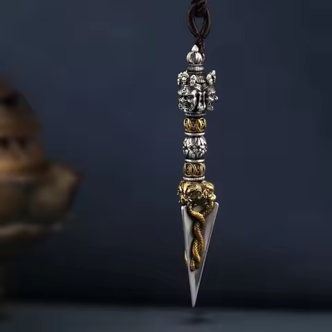 Handmade Sterling Silver Vajra Pestle Vajra Pendant Necklace Coupled Silver Pendantwith Leather Rope