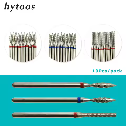 HYTOOS 10Pcs Tornado Flame Nail Drill Bits Diamond Cutters for Manicure Cuticle Clean Burr Diamond M