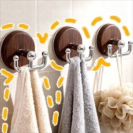 Wall-Mounted Wood Grain Suction Cup Hooks Double Hook Design Holder for Door Back Clothes Bag Storag