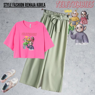 1 Set Baju Kekinian Crop Top Lengan Pendek Remaja Dan Celana Kulot Mint tinky winky dipsy lala po