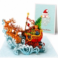 X67-3D Christmas Card Santa Claus Pulling Reindeer Cart | Pop Up Christmas Card