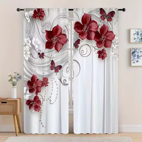 2PC Red 3D Flower Butterfly Curtains Romantic Luxury Floral Window Drapes Light Filtering Room Decor