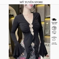 Sexy V-Neck Ruffle T-shirt with Stone Rings, Freesize Under 52kg - MTS