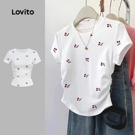 Lovito Casual Tshirt Ruched Leisure Spring/summer White Tshirt for Women L166AD404