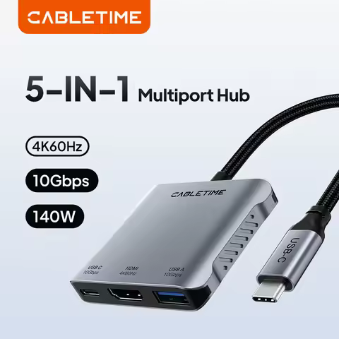 CABLETIME USB C HUB 4K 60Hz 5 in 1 Type C hub Dual HDMI Adapter USB C 3.2 PD140W Docking station for