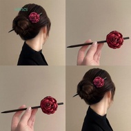 WMES1 Wooden Hair Stick, Simulated Flowers Wine Red Hanfu Hairpin, Antique Chinese Style Hair Sticks for Buns Hair Chopstick Rose Flower Hair Clip Girl
