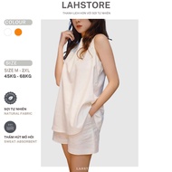 LAHSTORE women's linen shirt Sleeveless Loose form elastic waist wide leg shorts (White, Orange)