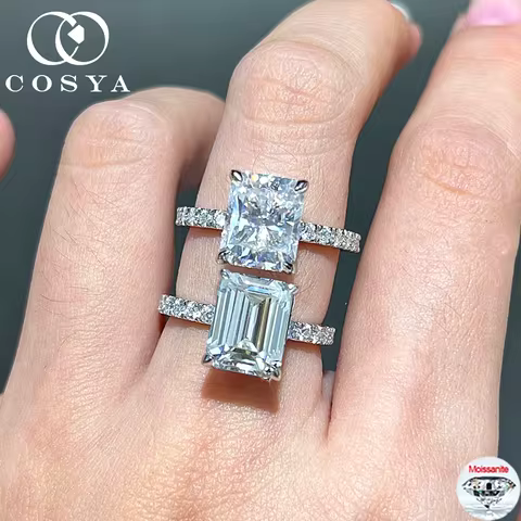 COSYA 4CT 8*10MM Emerald/Radiant Cut Moissanite Diamond Ring D Color S925 Silver Wedding Band for Wo