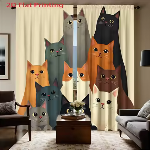 2D Flat, 2pcs, 2D Flat Printing Curtains, Multicolored Cats Pattern. Home Decor Animal Themed Soft C
