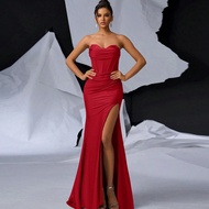 Glamorous Sexy Strapless Neckline Decor Boned Bodycon Mermaid Split Hem Trailing Formal Gown, Elegan