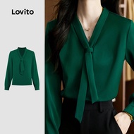 Lovito Women Elegant Blouse Plain Tie Neck Autumn Winter Blouse LBL24102 Lovito Blaus Elegan Wanita 
