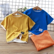 2024 Children Summer T-Shirt Cotton Waffle Fake Two-Piece Short-Sleeved Baby Boy Korean Version Fake
