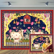 Indian Lotus Cow Pooja Pichwai Backdrop Traditional India Pooja Lotus Diwali Festival Photography Ba