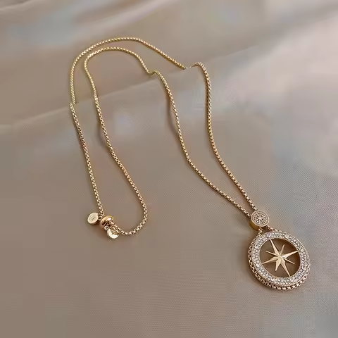 Fashion Zircon North Star Necklaces Women Jewelry Gold Round Eight Pointed Star Charms Pendant Birth