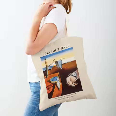 Double Print Reusable Casual Canvas Women Shopping Bags Salvador Dali Surrealism Cubism Exhibition S