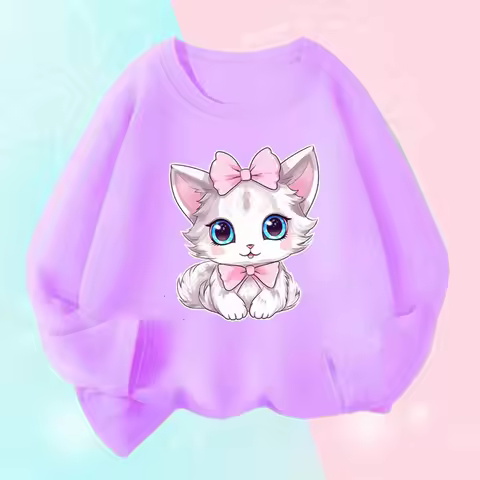 2023 New Girls T-shirt Kids O Neck Long Sleeve Cat Puppy Tops Fashion Animal Cute Pet Print Daily Ca