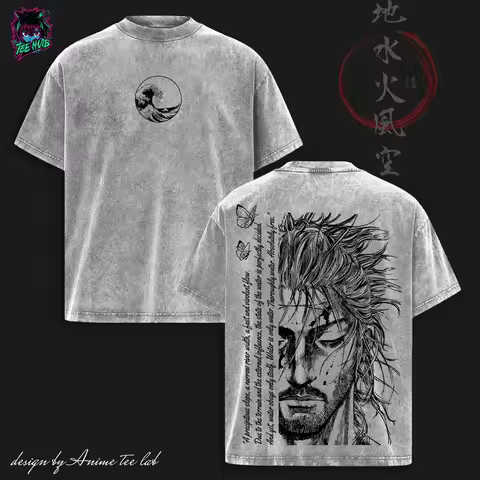 Vagabond Musashi Miyamoto Printed Tee Men Women Washed Cotton T-shirts Manga Vintage T Shirt Harajuk