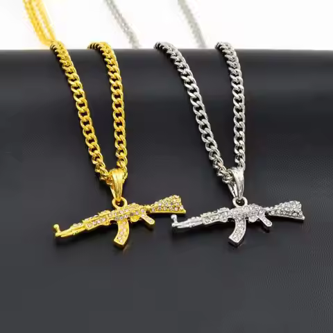 Fashion Creative Hip Hop Submachine Gun Pendant Necklace Crystal Ak 47 Rhinestone Bling Chain Neckla