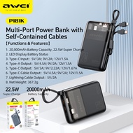 Awei P181K 20000mAh PD 22.5W Power bank fast charging Self-contained 2 20W cables power banks LED Digital display powerbank for iPhone Samsung Pixel iPad