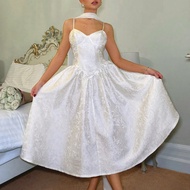 Women's White Textured Floral Fabric Camisole Dress With Chiffon Ruffle Waist Decor And Flared Skirt