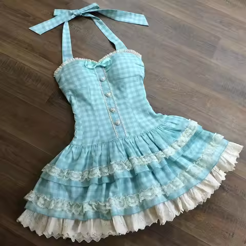 Women Sweet Mini Dress Halter Gingham Bow Button Front Lace Ruffle Hem Slim Fit Suit Cottagecore Lol